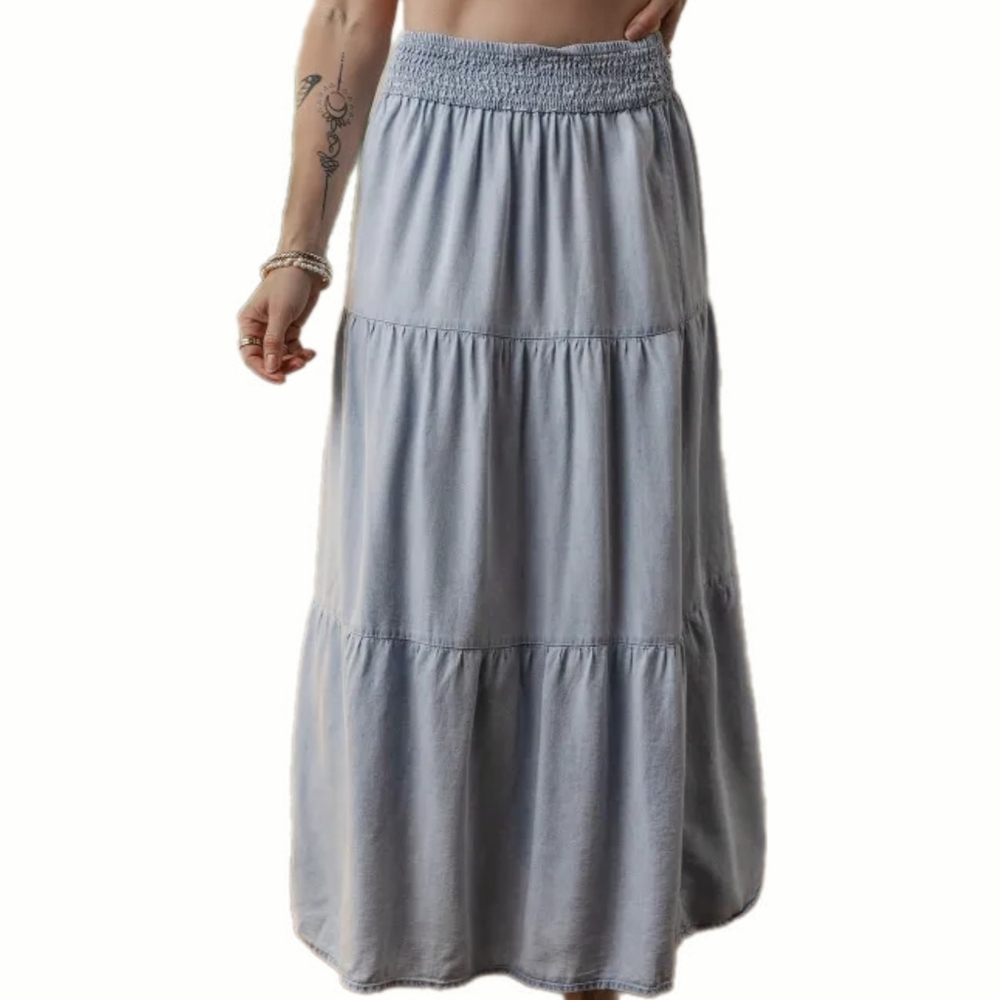 Light Blue Smocked Waist Tiered Maxi Skirt